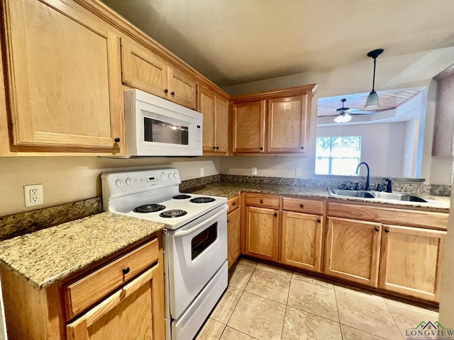 kitchen featuring white appliances, ceiling fan, sink, pendant lighting, and light tile patterned flooring