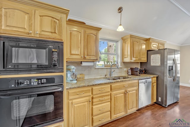 801 NW Dr, Longview, TX 75604 - kitchen with black appliances, crown molding, dark wood-style flooring, light brown cabinets, and light stone counters