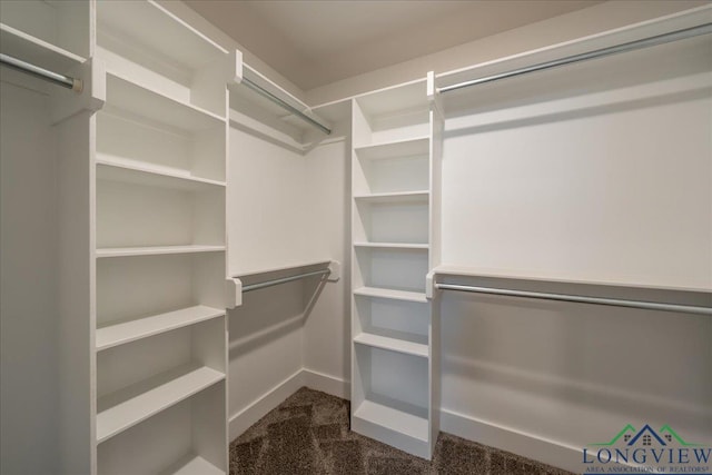 walk in closet featuring dark colored carpet