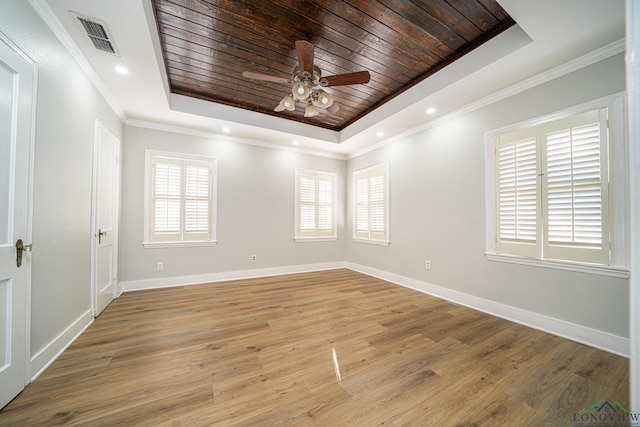 unfurnished room featuring ceiling fan, light hardwood / wood-style floors, wooden ceiling, and a tray ceiling