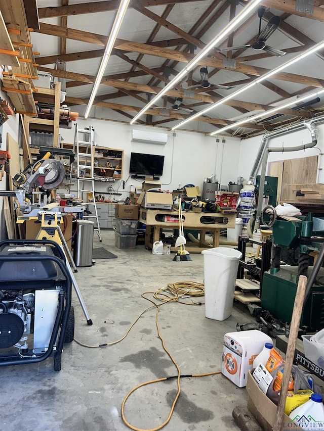 garage with a workshop area