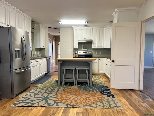 kitchen with white cabinets and appliances with stainless steel finishes