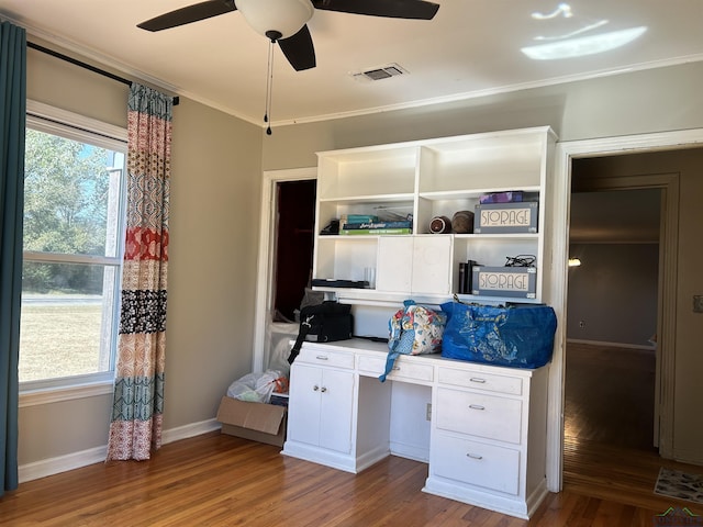 unfurnished office with a wealth of natural light, ceiling fan, and wood-type flooring