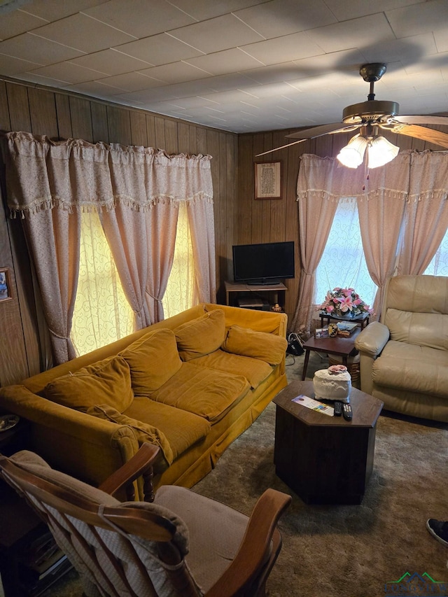 living room with carpet flooring and wooden walls