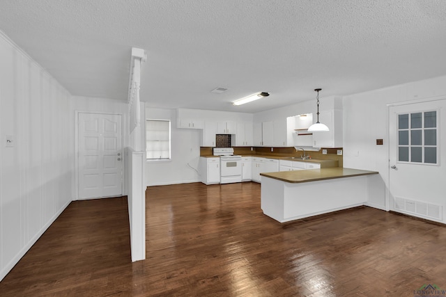 kitchen with kitchen peninsula, sink, pendant lighting, white range with electric cooktop, and white cabinetry