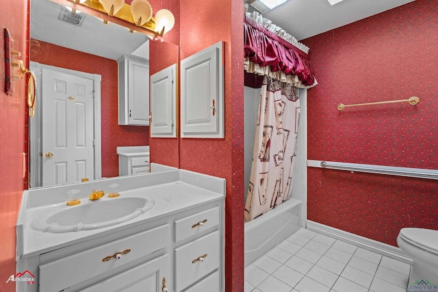 bathroom featuring tile patterned flooring, toilet, visible vents, vanity, and wallpapered walls