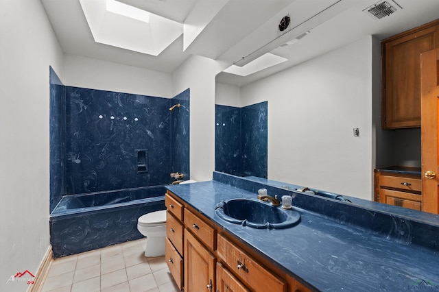 full bath featuring a skylight, visible vents, toilet,  shower combination, and tile patterned floors