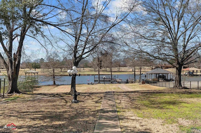 view of yard with a water view and a gazebo