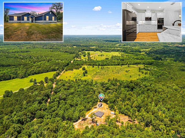 aerial view featuring a wooded view