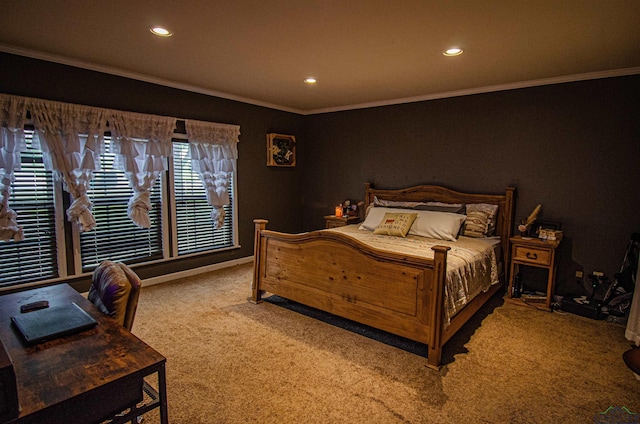 carpeted bedroom with crown molding