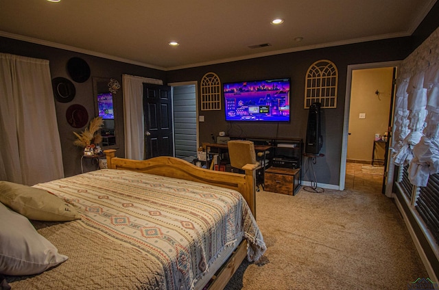 bedroom featuring carpet and ornamental molding