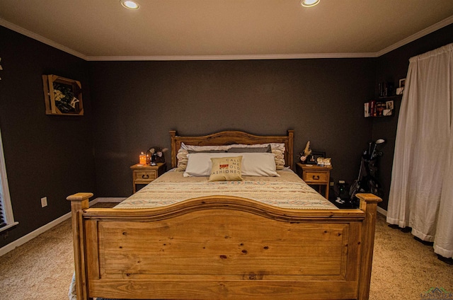 bedroom featuring light carpet and crown molding