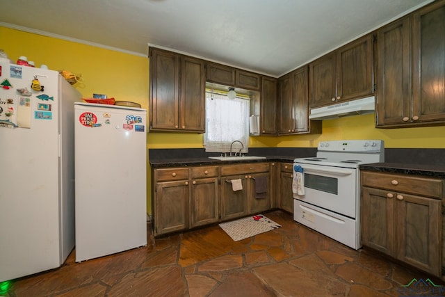 kitchen featuring dark brown cabinets, crown molding, sink, and white appliances