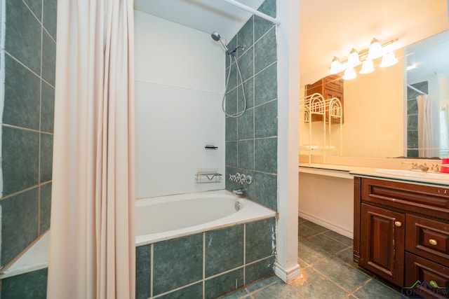 bathroom with tile patterned floors, vanity, and shower / bathtub combination with curtain