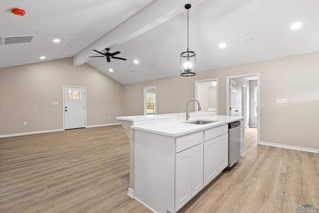 kitchen with visible vents, a sink, open floor plan, a center island with sink, and stainless steel dishwasher