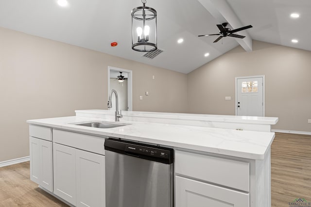 kitchen with visible vents, a sink, dishwasher, white cabinets, and a kitchen island with sink