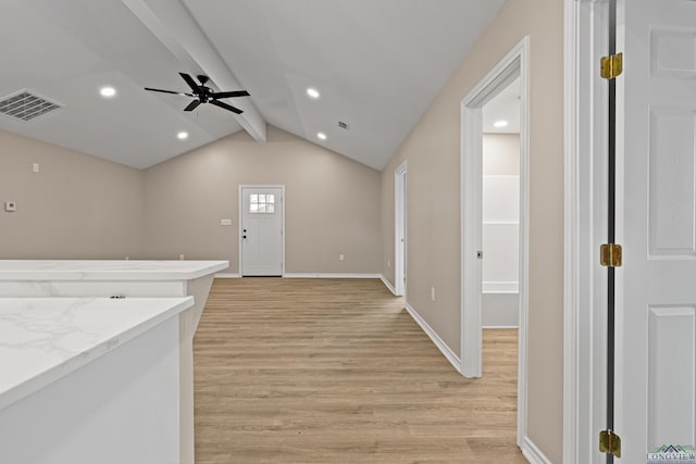 interior space featuring visible vents, light wood-style flooring, lofted ceiling with beams, baseboards, and ceiling fan