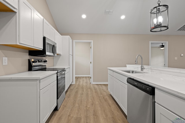 kitchen featuring a sink, visible vents, appliances with stainless steel finishes, and white cabinetry