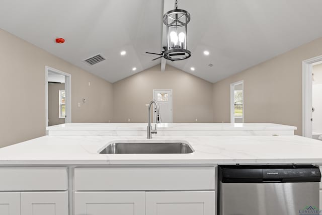 kitchen featuring visible vents, a sink, white cabinets, dishwasher, and ceiling fan