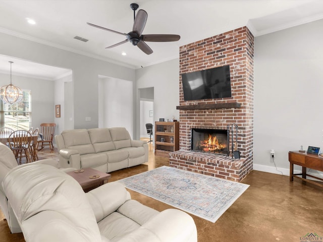 living room featuring ceiling fan with notable chandelier, concrete flooring, a brick fireplace, and ornamental molding