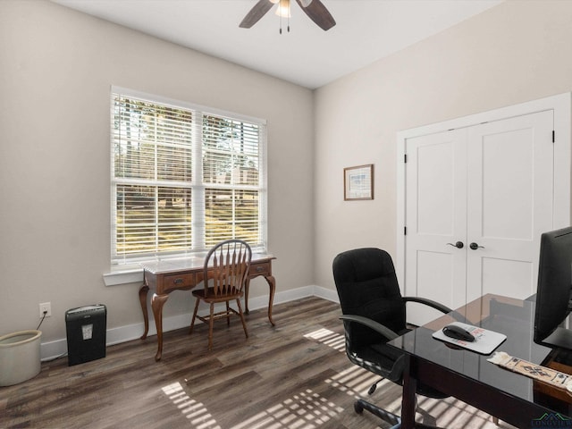 office with dark wood-type flooring and ceiling fan