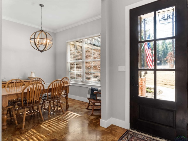 dining space featuring a notable chandelier, crown molding, and concrete flooring