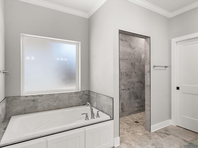 bathroom with independent shower and bath and crown molding