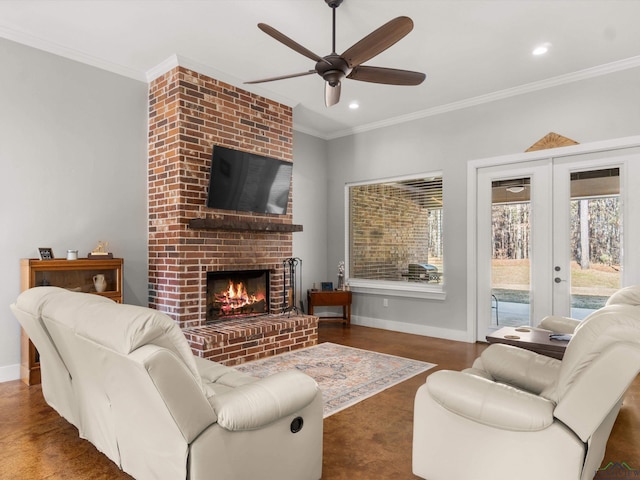 living room with ceiling fan, french doors, crown molding, and a fireplace