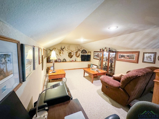 carpeted living room featuring a textured ceiling and vaulted ceiling