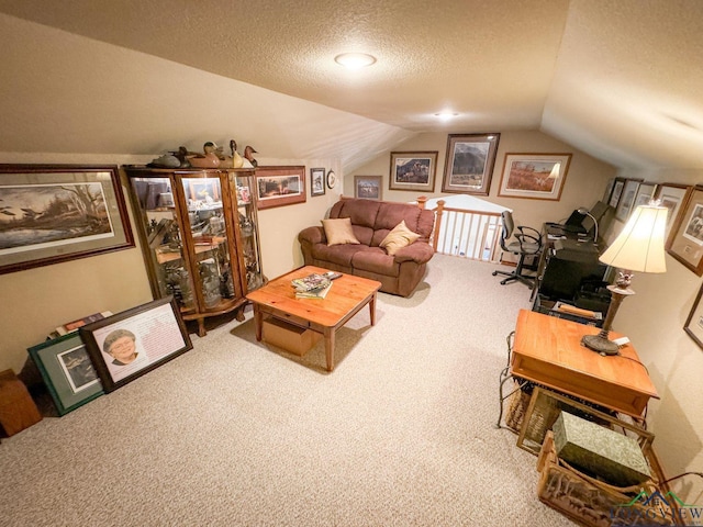 interior space with carpet, a textured ceiling, and vaulted ceiling