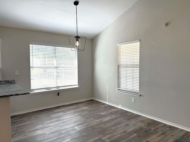 unfurnished dining area featuring lofted ceiling and dark wood-type flooring