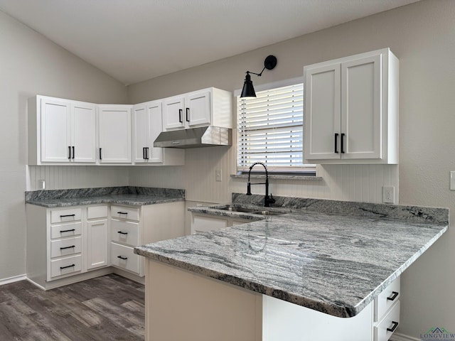 kitchen featuring sink, white cabinets, dark hardwood / wood-style floors, and kitchen peninsula