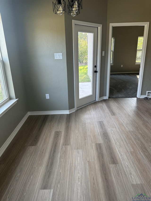 doorway to outside featuring hardwood / wood-style floors, a healthy amount of sunlight, and a chandelier
