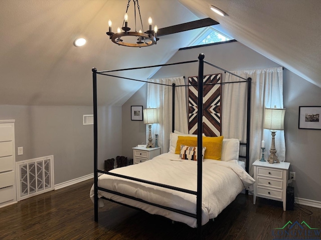 bedroom featuring wood finished floors, visible vents, baseboards, vaulted ceiling, and a notable chandelier