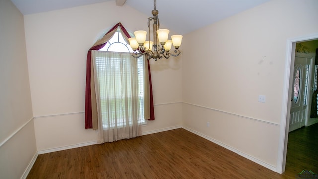 empty room featuring vaulted ceiling with beams, dark hardwood / wood-style flooring, and a notable chandelier