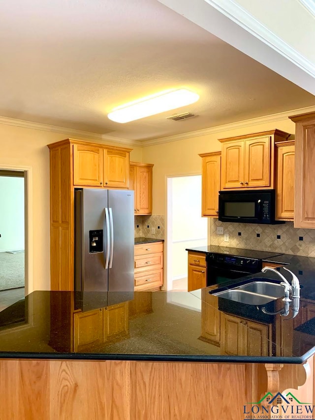 kitchen with stainless steel fridge with ice dispenser, tasteful backsplash, and crown molding