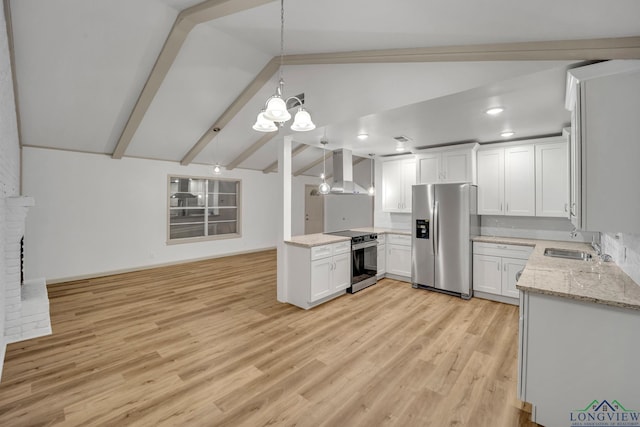 kitchen featuring white cabinetry, stainless steel appliances, vaulted ceiling with beams, a notable chandelier, and exhaust hood