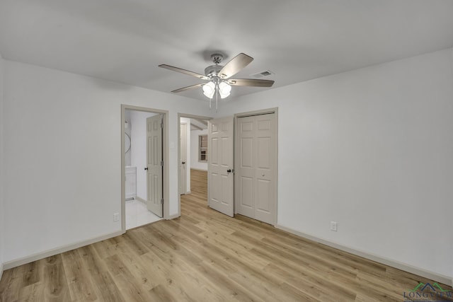 unfurnished bedroom with ceiling fan and light hardwood / wood-style floors