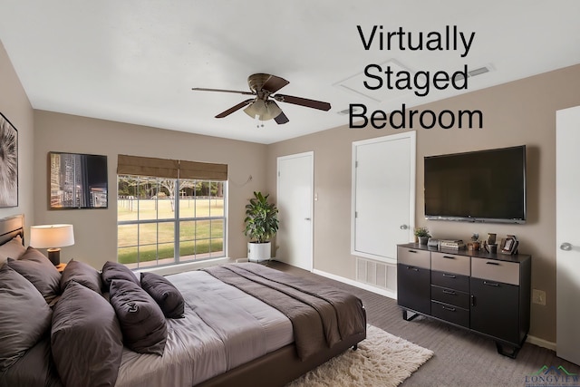 bedroom with carpet flooring and ceiling fan