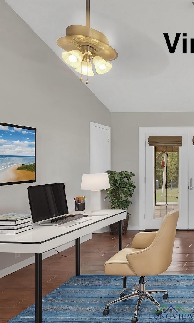 home office featuring hardwood / wood-style floors, ceiling fan, and lofted ceiling