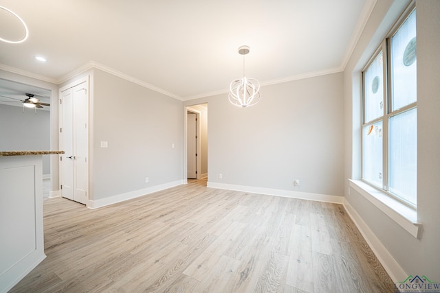 unfurnished room featuring crown molding, ceiling fan with notable chandelier, and light wood-type flooring