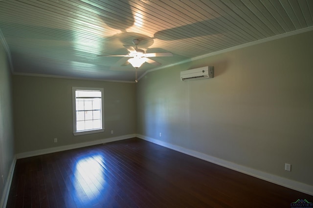 spare room with a wall unit AC, ceiling fan, crown molding, and dark hardwood / wood-style floors