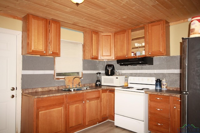 kitchen with white appliances, backsplash, dark wood-type flooring, sink, and wood ceiling