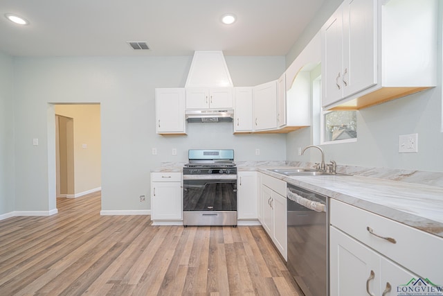 1104 N Bolivar St, Marshall, TX 75670 - kitchen featuring light countertops, a sink, appliances with stainless steel finishes, under cabinet range hood, and visible vents