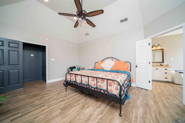 20064 Fm 1716 E, Tatum, TX 75691 - bedroom with visible vents, light wood-style flooring, baseboards, and high vaulted ceiling