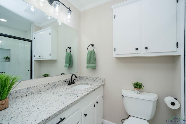 bathroom with walk in shower, ornamental molding, toilet, and vanity