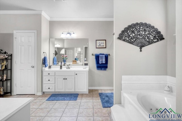 1900 Frostwood Dr, Tyler, TX 75703 - bathroom with vanity, a whirlpool tub, tile patterned floors, crown molding, and baseboards