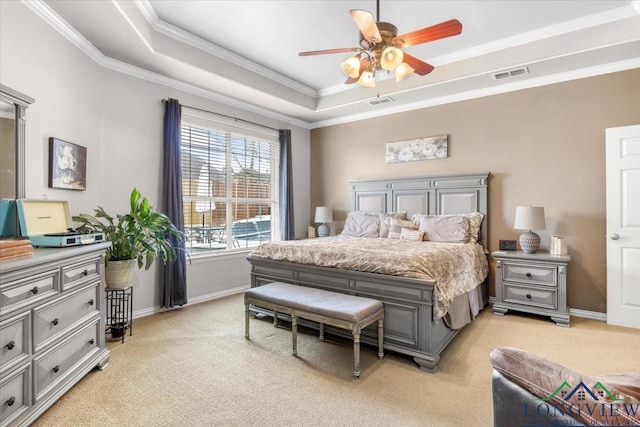 1900 Frostwood Dr, Tyler, TX 75703 - bedroom featuring crown molding, light colored carpet, visible vents, a raised ceiling, and baseboards