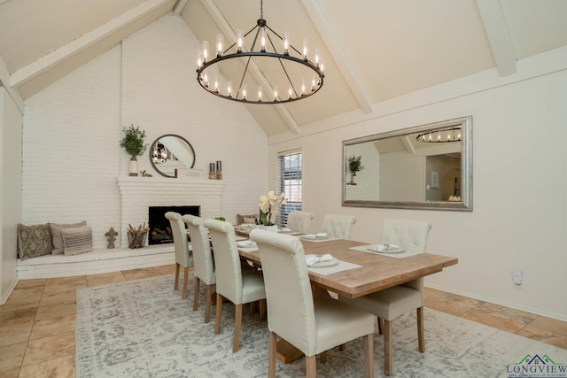 dining room with beam ceiling, high vaulted ceiling, brick wall, baseboards, and a brick fireplace