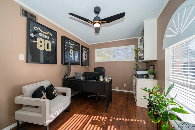 office space featuring visible vents, ornamental molding, dark wood finished floors, baseboards, and ceiling fan